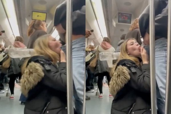 Une blonde suce un gars dans un métro blindé de monde